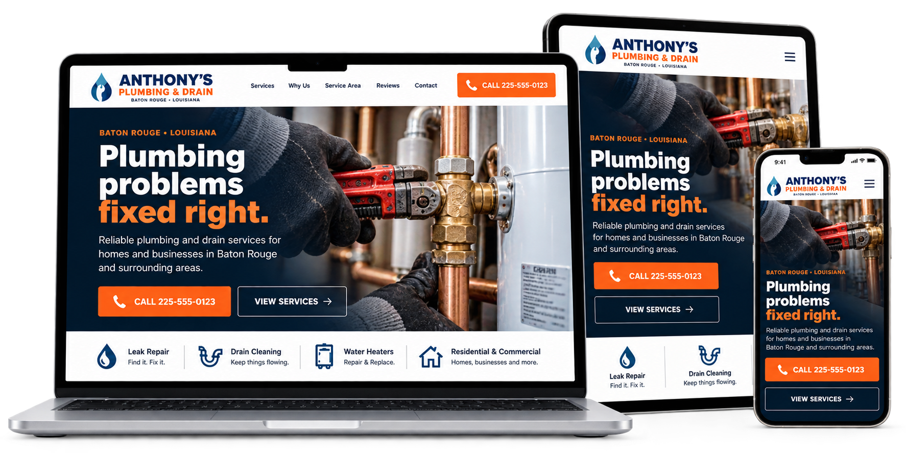 Professional Blue Frog Sites website displayed on laptop, tablet and phone